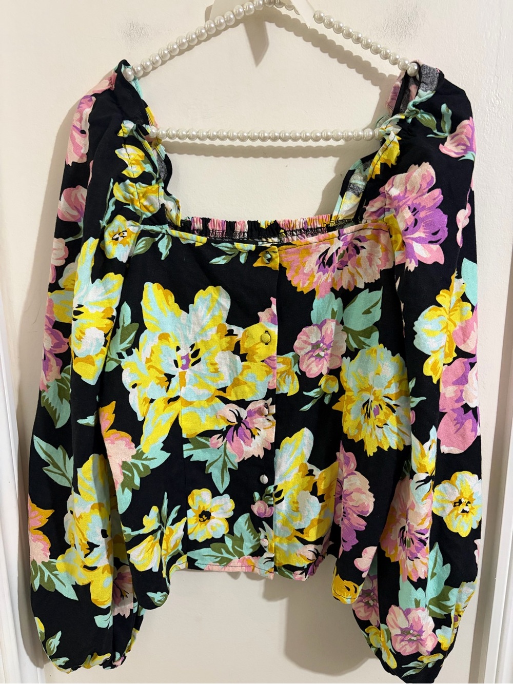 Floral Square-Neck Peasant Blouse - Black with Yellow & Pink Floral